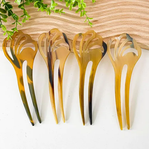 Vista 5 de Palillos para el pelo largo, palillo alisador de pelo natural de cuerno de búfalo, alfiler de 5.5 pulgadas, regalo para la madre, 1 unidad, flor