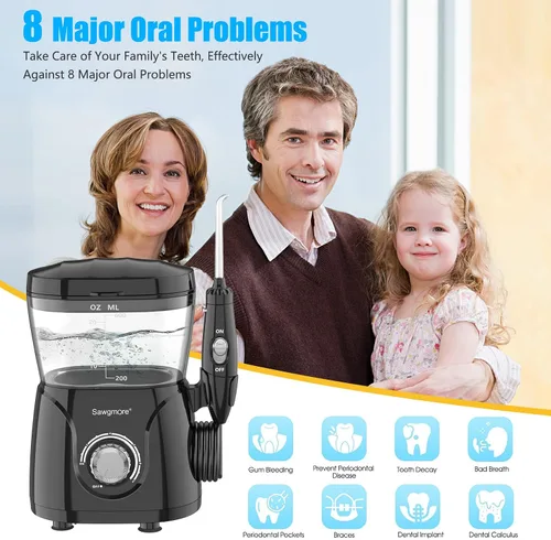 Vista 2 de Sawgmore FC166 - Irrigador dental de agua para dientes y aparatos ortopédicos, gran capacidad de 20.3 fl oz, 10 presiones ajustables, 8 boquillas