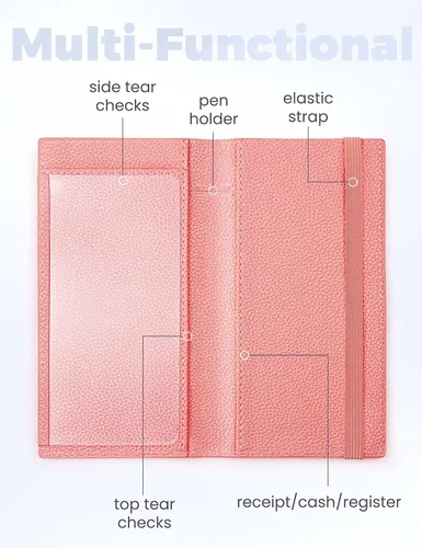 Vista 56 de Yarnic Funda para chequera personal, soporte para chequera con soporte para bolígrafo y divisor de plástico transparente integrado para cheques Rosa