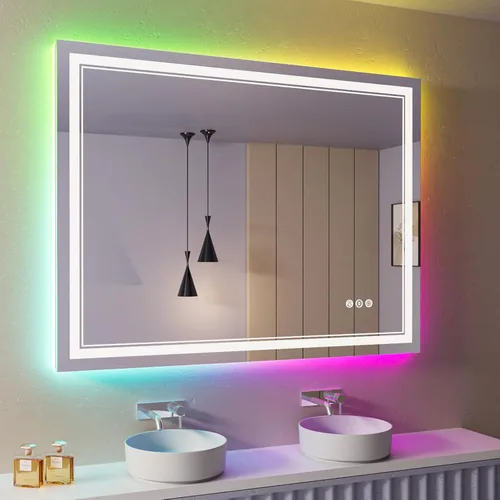 Vista 31 de Espejo de baño LED de 24 x 28 pulgadas, luz frontal y retroiluminada, antiniebla, regulable, espejo de tocador iluminado con memoria, espejo LED