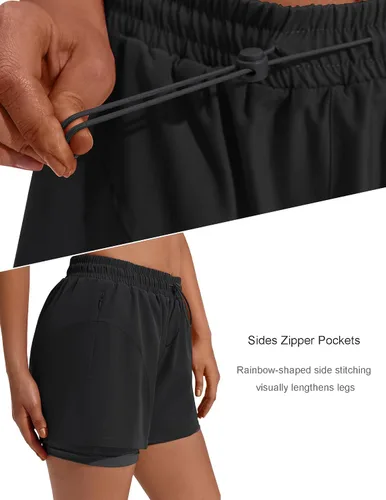 Vista 5 de PINSPARK Pantalones cortos deportivos para mujer, de cintura alta, pantalones cortos de entrenamiento 2 en 1, pantalones cortos para correr