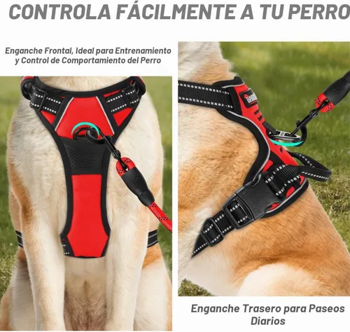 Vista 2 de BARKBAY arnés para perro sin tirones con clip frontal, resistente y reflectante, asa de control fácil para paseos de perros grandes (rojo, L)