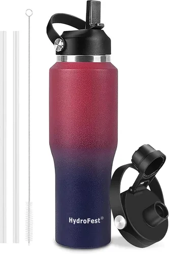 Vista 15 de Botella de agua de 32 onzas aislada con popote, botellas de agua a prueba de fugas, botella de agua para hombre, acero inoxidable para gimnasio