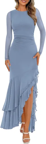 Vista 17 de BTFBM Maxi vestidos de mujer otoño 2026 manga larga vestido de invitada de Café