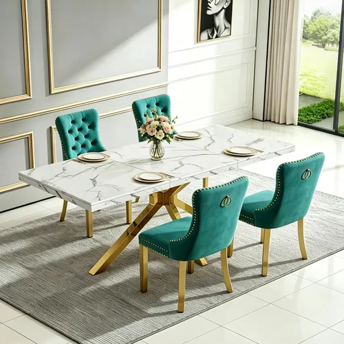 Vista 27 de Henf Mesa de comedor de mármol sintético blanco de 70 pulgadas para 4-6 personas, mesa de cocina rectangular moderna con mesa de mármol sintético