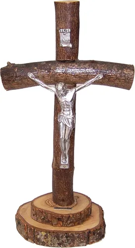 Vista 3 de Holy Land Market Crucifijo de madera de olivo natural con corteza izquierda como es
