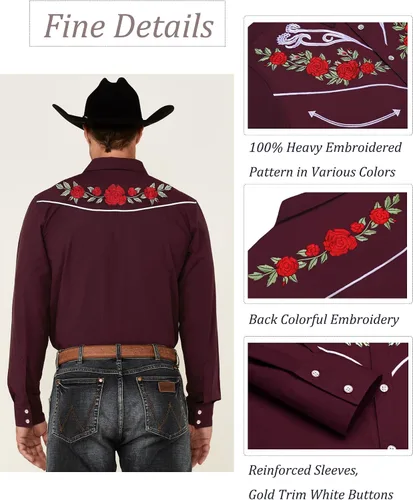 Vista 2 de Camisas bordadas de manga larga para hombre, ajustadas, casuales, con botones