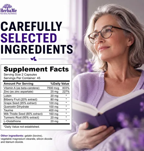 Vista 9 de HerbaMe Suplemento de vitaminas para los ojos con luteína, arándano, betacaroteno, L-taurina, zinc y quercetina, 90 cápsulas, apoya la visión