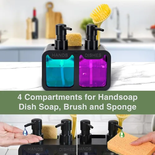 Vista 5 de Juego de dispensador de jabón para platos y manos, dispensador de jabón doble para fregadero de cocina, dispensador de jabón de manos 4 en 1