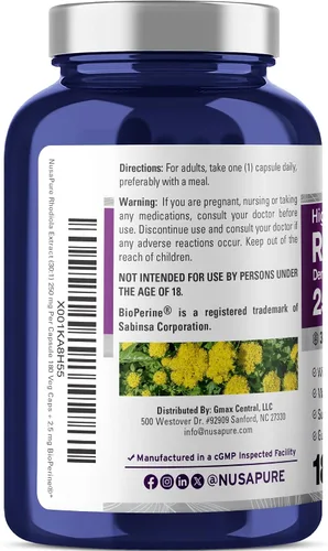 Vista 3 de NusaPure Rhodiola Rosea 7,500 mg 180 cápsulas vegetales (sin OMG, extracto 30:1, vegetariano/vegano y sin gluten) con bioperina