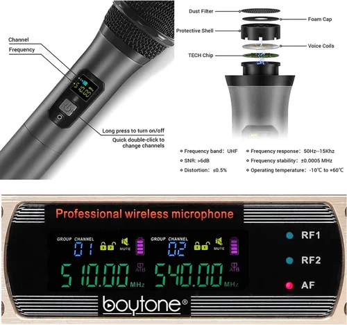 Vista 3 de Boytone Sistema de micrófono inalámbrico UHF dinámico fijo dual, micrófono y base de metal, hasta 260 pies (BT-54UM)