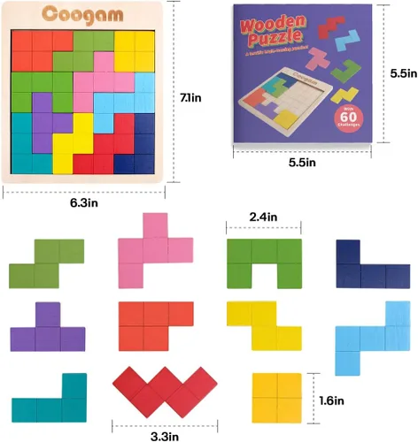 Vista 7 de Coogam Rompecabezas de madera con patrón de bloques de cerebro juego con 60 desafíos, juguete de construcción ruso 3D de madera en forma de tangram