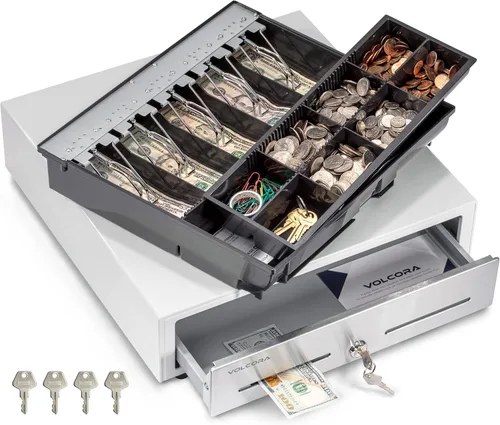 Vista 9 de Volcora Cajón de caja registradora de 13 pulgadas para sistema de punto de venta (POS) con bandeja de efectivo de 2 niveles totalmente extraíble, 4