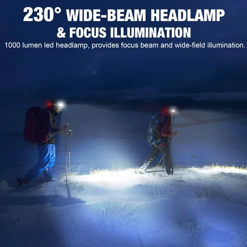 Vista 2 de Linterna frontal LED, 1000 lúmenes, 230° de haz ancho, linterna frontal recargable por USB con luz trasera roja, luz ligera e impermeable
