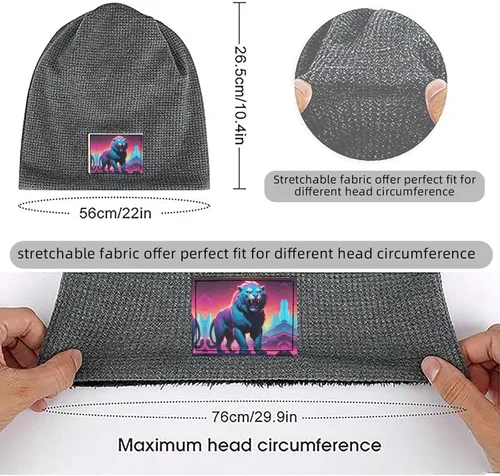 Vista 7 de Synthwave Sabertooth Patterned Black Fleece-Lined Warm Men's and Women's Hood, Winter Outdoor Sports Ski Cap