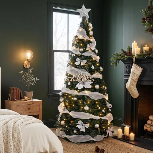 Vista 10 de Árbol de Navidad preiluminado de 6.4 pies con 200 luces LED y 8 modos de Árbol de Navidad artificial con 200 luces LED blancas cálidas, árbol