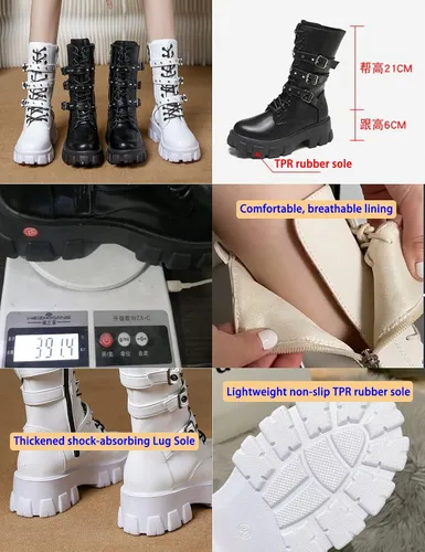 Vista 6 de Botas de media pantorrilla para mujer, ligeras, a la moda, con múltiples hebillas, con cordones, antideslizantes, altura de motocicleta