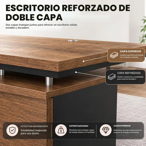 Vista 6 de Escritorio ejecutivo en forma de L de 63 pulgadas, escritorio industrial moderno de oficina de madera con cajones de bloqueo, gestión de cables
