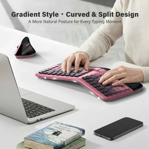 Vista 2 de MOFII Combo de teclado y mouse ergonómicos inalámbricos, teclado curvado dividido con reposamuñecas (comodidad durante todo el día) + mouse óptico