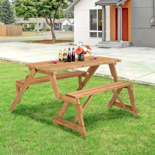 Vista 6 de GYMAX Mesa de picnic, juego de mesa de picnic convertible 2 en 1, mesa de picnic de madera intercambiable transformable con agujero para paraguas