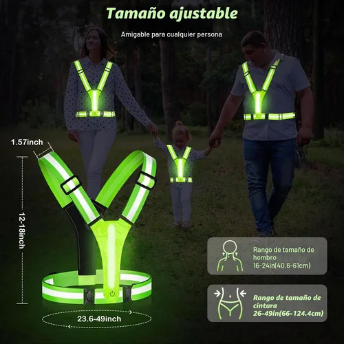 Vista 5 de LED Reflective Running Vest - Light Up With 3 Modes, Rechargeable Night Gear for Runners - Safety Belt for Women Men Verde