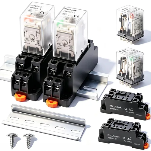 Vista 7 de mxuteuk 2 piezas HH54P DC 12V Bobina de 14 pines 3A 4PDT Relé de alimentación electromagnético con indicador LED, con base, con riel DIN de aluminio