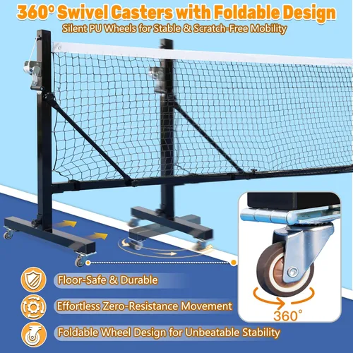 Vista 4 de Seliyoo Red de pickleball portátil con ruedas, torneo de 22 pies, cabrestante de mano galvanizado, poste resistente, juego de red de bolas