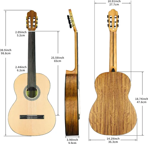 Vista 3 de TARIO Guitarra clásica sin trastes de 39 pulgadas Guitarra acústica tamaño completo Tapa de abeto Ovangkol espalda y lados Okoume diapasón de laurel