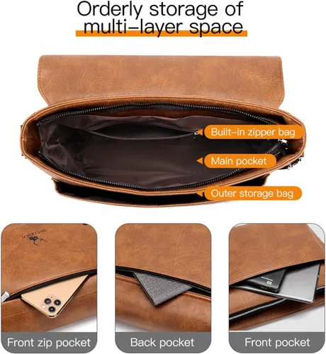 Vista 5 de KUANG! Bolso de hombro para hombre de piel sintética, bolso de mensajero de negocios, maletín de viaje, bolso cruzado con múltiples bolsillos