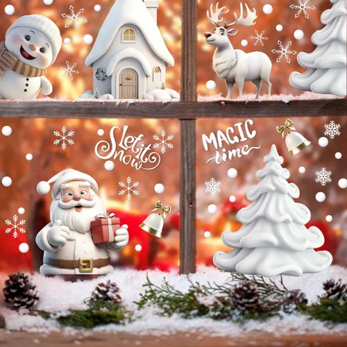 Vista 7 de Adhesivos de ventana de Navidad, calcomanías de ventana de Navidad 3D, color blanco, de doble cara para decoraciones de Navidad (8 hojas)