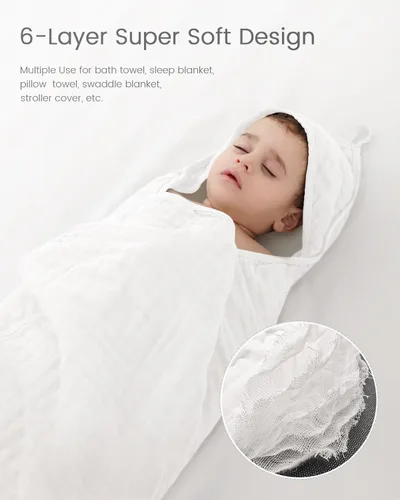 Vista 5 de Toallas de bebé con capucha para recién nacido, 35 x 35 pulgadas, paquete de 3 toallas de baño 100% algodón de muselina para bebé, toallas de playa