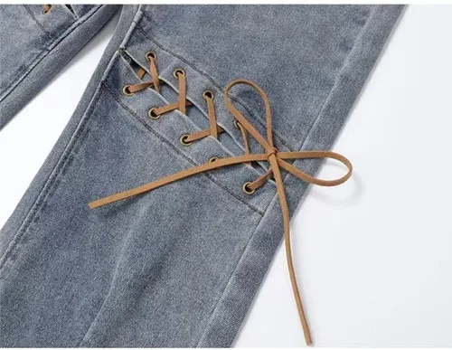Vista 4 de WXBDD Harajuku - Pantalones largos de mezclilla ajustados de cintura alta para mujer, diseño de jeans rasgados con abertura