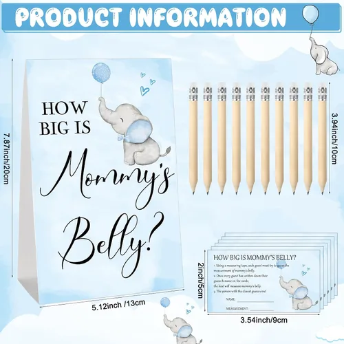 Vista 89 de Sabary 64 Piezas Juegos de Baby Shower Incluyen Letrero How Big is Mommy's Belly Sign Measure Bump Game 50 Tarjetas 10 Lápices 3 Cintas Métricas