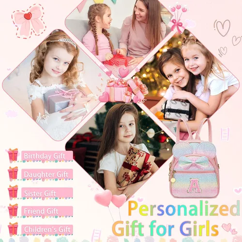 Vista 2 de KKXIU Mochilas Mini con Moño Inicial para Niñas y Mujeres, Linda Mochila Pequeña con Asa de Bolso, Regalos Personalizados para Niños, Arcoíris