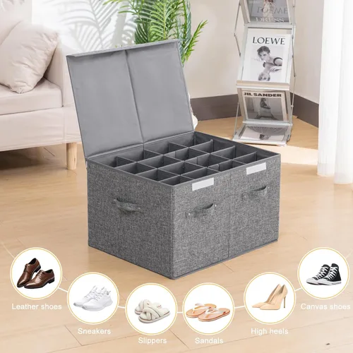Vista 5 de Organizador de almacenamiento de zapatos para armario para 16 pares, contenedores grandes de almacenamiento de zapatos con tapa y divisores
