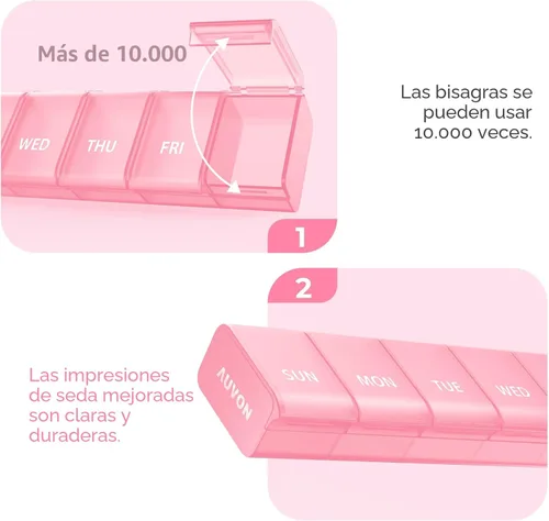 Vista 6 de AUVON Organizador semanal de píldoras con diseño de apertura sin esfuerzo, pastillero apto para artritis, organizador de píldoras sin BPA de 7 días