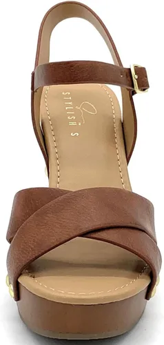 Vista 4 de STYLISH S SHIFT ~ Sandalias de tacón de plataforma para mujer, puntera abierta, correa de tobillo y tacones gruesos Canela