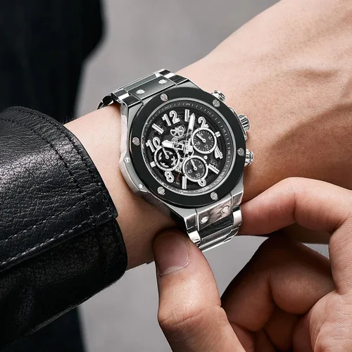 Vista 7 de SENSETONE Mens Watches Quartz Movement Chronograph Stainless Steel Black Strap Fashion Business Sport 30M Waterproof Big Dial Wristwatch Elegant