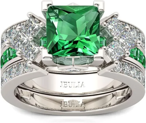 Vista 3 de Jeulia Juego de anillos de novia de 4.1 quilates para mujer, anillos de compromiso de corte princesa, anillos de compromiso de plata de ley, anillos