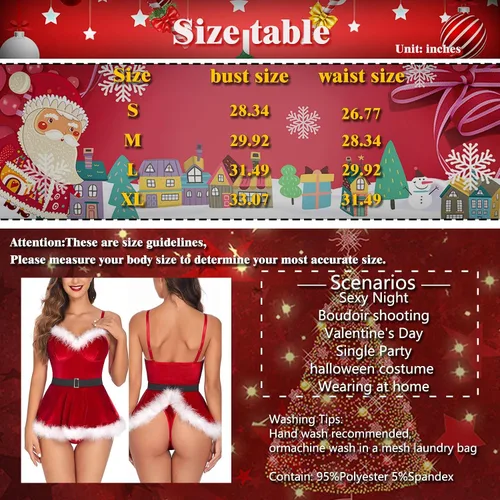 Vista 6 de Lencería sexy de Navidad para las mujeres Santa Babydoll rojo disfraz lencería