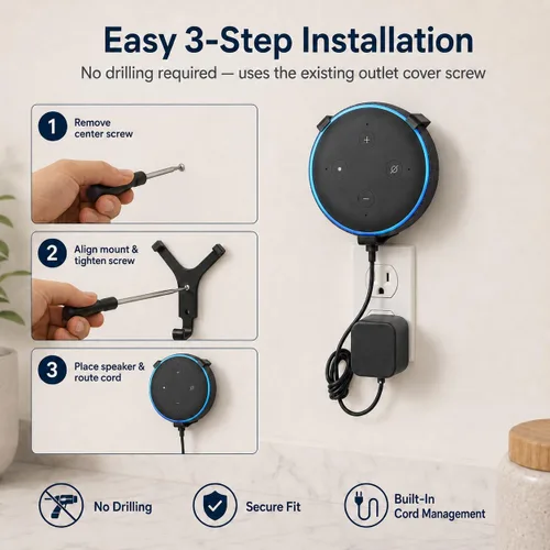 Vista 7 de Soporte de pared para Amazon Echo Dot – Percha de enchufe que ahorra espacio No requiere taladrar Gestión de cables integrada Soporte