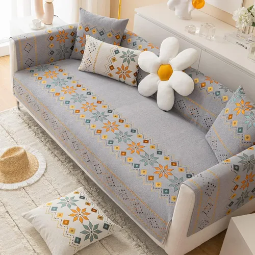 Vista 11 de Funda de sofá de chenilla para sofá modular, diseño geométrico bohemio y jacquard antideslizante, protector de muebles para niños, perros y Azul