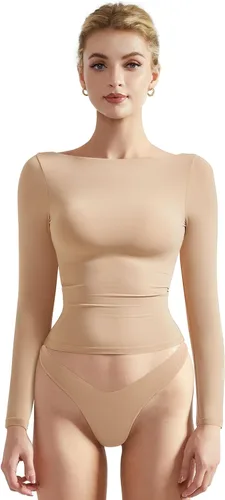 Vista 14 de SUUKSESS Camiseta de mujer con cuello redondo, manga larga, doblemente forrada, ajustada y corta