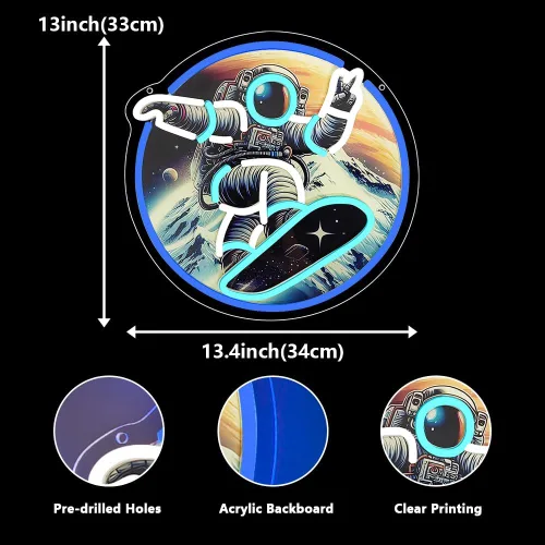 Vista 3 de Monopatín de astronauta, letrero de neón con impresión UV, letrero acrílico para decoración de pared, luz de neón para dormitorio, bar, cafetería