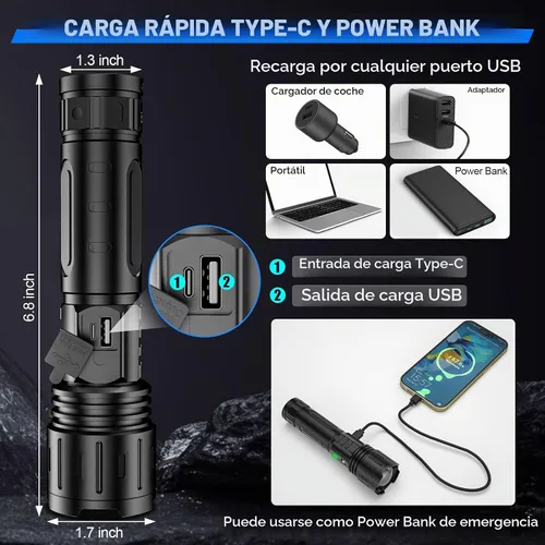 Vista 5 de Banral Linternas LED recargables de alto lúmenes, 5000 mAh súper brillante potente linterna, tipo C, 5 modos, zoomable, IPX5 impermeable de alta 1P
