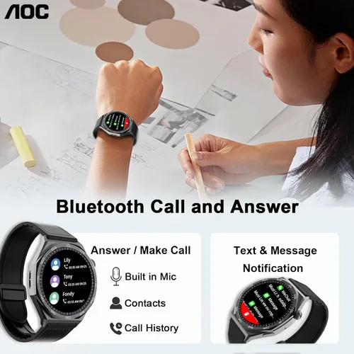 Vista 3 de AOC Smartwatch Fitness Sports Watch 1.43 AMOLED HD pantalla táctil, AI GPT, llamada Bluetooth, asistente de voz, monitoreo de frecuencia cardíaca