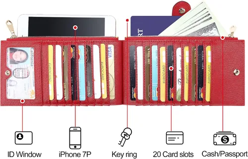 Vista 3 de Badiya Billetera para mujer con bloqueo RFID, con patrón de múltiples tarjeteros, A-Clásico-Rojo, Classic