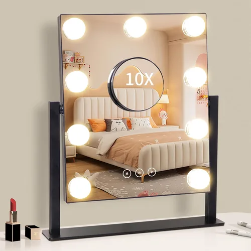 Vista 6 de Espejo de tocador con luces, espejo de maquillaje con luces con 9 bombillas LED regulables, 3 modos de iluminación de color desmontables, espejo
