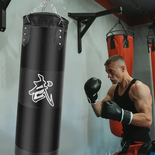 Vista 6 de Juego de sacos de boxeo colgantes sin relleno, sacos de boxeo pesados para adultos, niños y jóvenes, incluye vendas para manos, ganchos para sacos