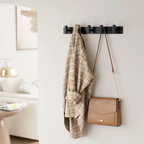 Vista 3 de GWAAZXGZ Perchero negro montado en la pared, 5 clavijas en forma de T para sombreros, bolsas y toallas, riel de metal resistente para entrada, baño